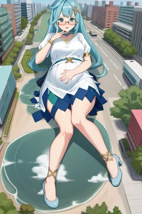 Giant maiden，Moe two-dimensional style，Pregnancy status，Round belly，Gaze at the bustling city, Looking at viewer, Blush, Pout, Tsundere, Lying down, Burp, Glasses, Full body