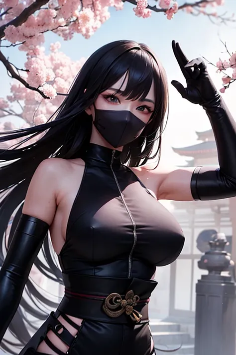 perfectart:ultra-detailed,highres,photorealistic,oriental ninja girl,beautiful detailed eyes,beautiful detailed lips,extremely detailed eyes and face,longeyelashes,[mask],[big breasts],black kurta,armed with katanas,striking a dynamic pose,stunning garden ...