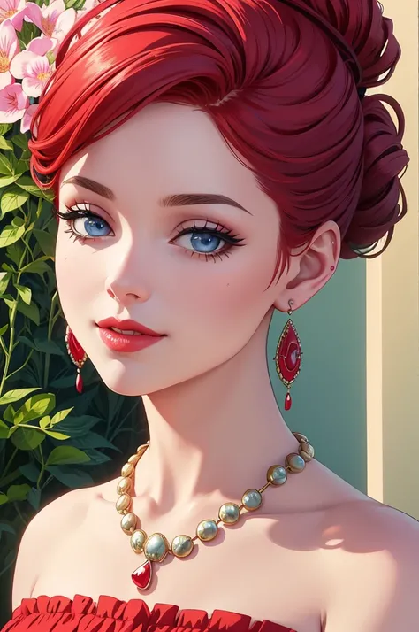 Illustration at a flower garden one woman, red hair updo, Pakpin&#39;s blue eyes are beautifully detailed.. Beautifully detailed red lips The eyelashes are a raft of realistic details. Wear a pink strapless dress with a necklace and earrings for spring. (B...