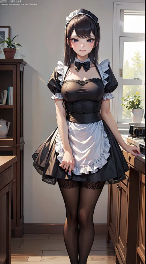 an elegant maid, komi shouko, dressed in a stunning maid outfit. her dress is adorned with intricate lace trimmings, adding a to...