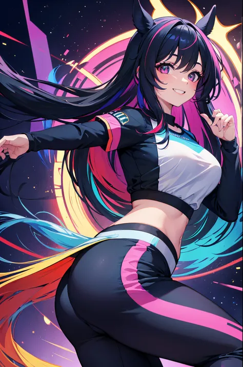 (highres:1.2),solo,girl with horse ears,smiling,back turned to the viewer,big butt,Slacks,sporty clothing,soccer field,diamond,multicolored hair,multicolored eyes