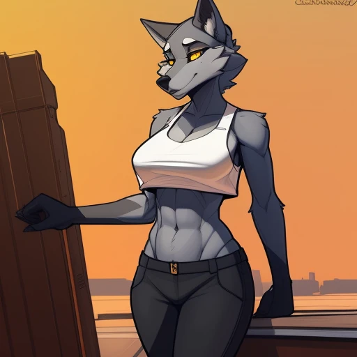 Lanky_Mature_timberwolf female blue_gray_furry_body yellow_eyes fluffy crop_top pants solo Masterpiece best_quality absurdres highly_detailed cleanly_drawn_eyes anthro_only full_breasts by_claweddrip, by_greasymojo, by_underscore-b, by_runawaystride