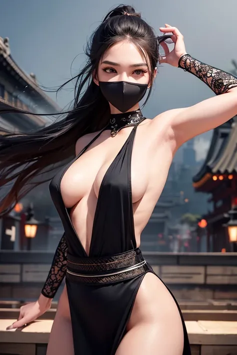 perfectart:ultra-detailed,highres,photorealistic,oriental ninja girl,beautiful detailed eyes,beautiful detailed lips,extremely detailed eyes and face,longeyelashes,[mask],[big breasts],black kurta,armed with katanas,striking a dynamic pose,stunning garden ...