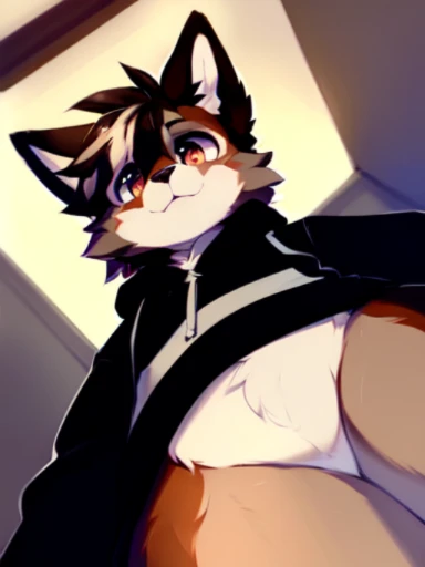 by zackary911, (coffeesoda:1.1), hioshiru, zackary911, wolf, anthro, femboy, solo, tight black hoodie clothing, fur, looking up perspective, perspective from tiny, (he is looking down at the tiny), curvy thighs, huge thighs, blep