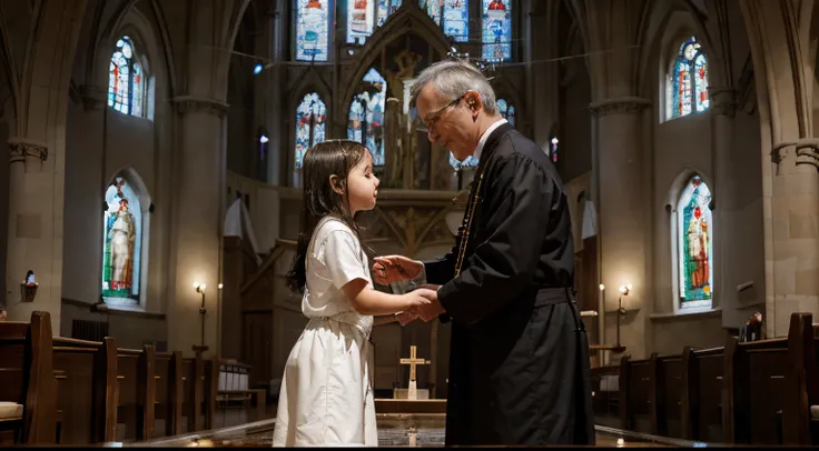 Please create a realistic image of a child being baptized in a Catholic church with a priest in the West for presentation in 16x9 format