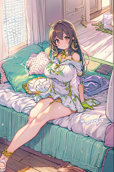 Best Quality, masutepiece, 1girl in, Solo, ferry, Long hair, Ferry base, thighs thighs thighs thighs, Bare shoulders, Jewelry, Sleeveless, White Dress, Blue skirt, gloves, Bedrooms, bed, wood floor, Sitting, sitting on a bed, Hands on legs, subtle smile, S...