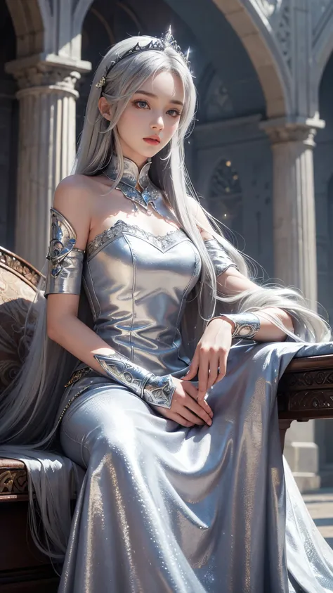 model shoot, (1 girl), long hair, silver hair, Islamic warrior, silver outfit, laces, shining:1.5, hyper realistic, super detailed, Dynamic shot, masterpiece, scene sharp détails, perfect eyes, perfect skin, perfect hands, sitting,