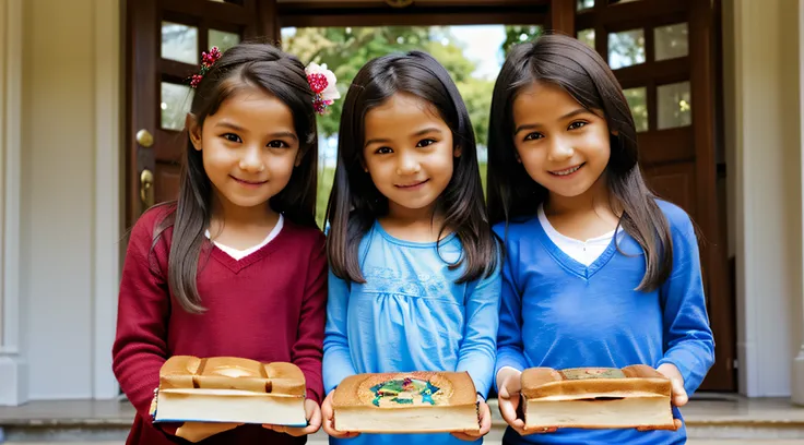 fechar para cima, BLONDE CHILDREN WITH BOOKS AND BREAD IN THEIR HANDS.