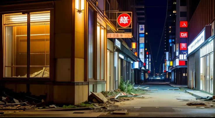 Deserted and silent Tokyo. The streets are empty, sem qualquer sinal de vida humana. Tall buildings and skyscrapers make up the urban landscape, criando uma atmosfera sombria e desolada. The series explores different areas of the city, each with its own en...