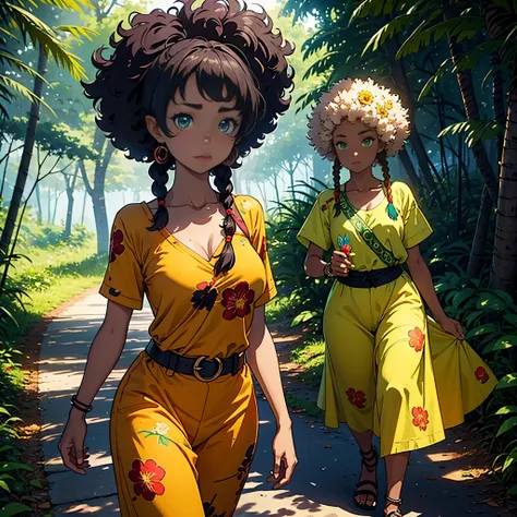 create a GOBLIN hybrid girl of nature 15 years old hair braids green eyes color yellow skin Felipe dark brown afro anime with bright green African print in tribal clothing from Africa walking in the forest holding a flower anime quality CG