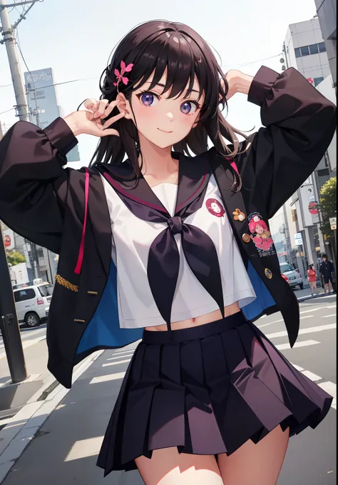 1girl in、As-、A smile、The shirt、skirt by the、Light in the eyes、（highlight in eyes）、（small tits）Chilarism、Japan High School Student Uniform、serafuku、summer clothing、（Portrait from the knee up）、