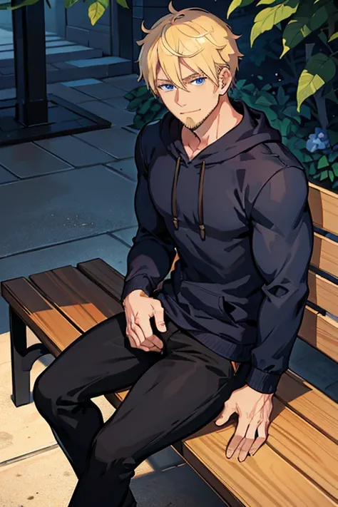 Blonde haired anime man sitting on bench, blue eyes, smooth hair, navy blue hoodie, muscular, muscles, black shirt, black pants, hand on chin, smirking, looking to the side, beard. blonde beard