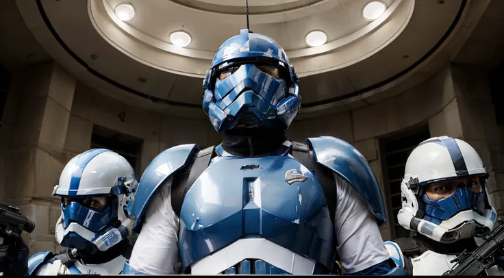 All Resistance Troopers man with their armor in blue and white, this army is armed with modern guns and marches in preparation for battle and from below