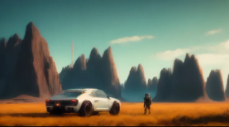 spaceships and a car in a field against the sky, Futuristic landscape, Sci-fi scene, futuristic environment, Sci-fi futuristic, sci-fiish landscape, sci-fiish landscape, sci-fiish landscape, Sci-fi scene, Futuristic concept art, Sci-fi illustration, Sci-fi...