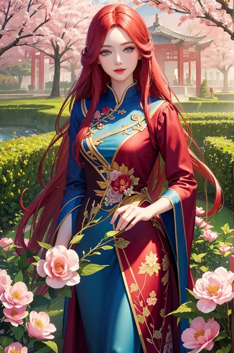 Illustration at a flower garden A female expert, long red hair, Beautifully detailed blue eyes. Beautifully detailed red lips Realistic detailed lashes. Wear Chinese clothing. Spring. (Best quality 4k high definition masterpiece...: 1.2) Very detailed ( Re...