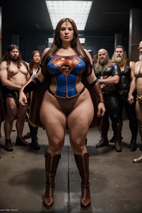 (mature superheroine bbw , full body,), defeated:1.1),(dominated:1.1) by dwarves,[dwarves],