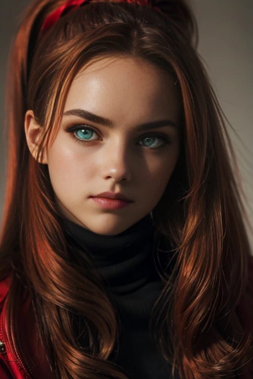 Redhead, high ponytail, (close up shot, glancing left), full lips, modelesque figure, emarald green eyes, full body, soft lighting, red jacket on black turtleneck, , one person photoshoot, expressionless, leggings