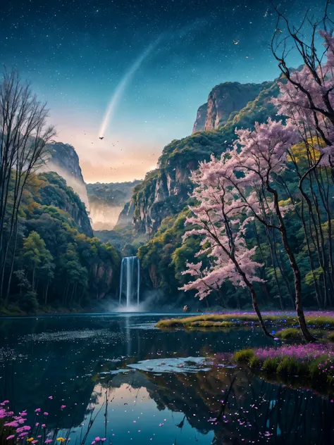 In einer fantastischen, The surreal world unfolds a scene of breathtaking beauty. Glowing trees with iridescent leaves stretch towards the sky, while floating islands with cascading waterfalls float in the air. Glittering fireflies dance around floating fl...