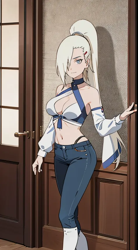 Ino yamanaka， schneit， sat，Spaltung，smil，Rot im Gesicht sein，drinnen im Zimmer，Nahaufnahme Nahaufnahme，mit einer guten Figur,mid large breasts,enges, open white shirt,Blaue skinny Jeans,both arms behind the back,perfekter Arsch,Ansicht von hinten,ansicht a...