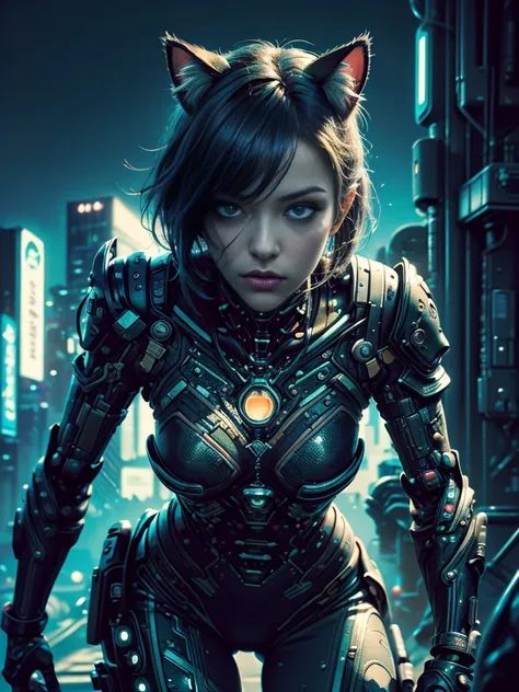 Beautiful photo of Reika Shimohira as a ((Cyberpunk Nekomata ((catgirl)))), ((shapeless hairstyle)), slender body, cat ears, cat tail, (cowboy shot), (dynamic pose), science fiction, ((futuristic cyberpunk city in the background)), Gantz, Cyberpunk 2077, U...