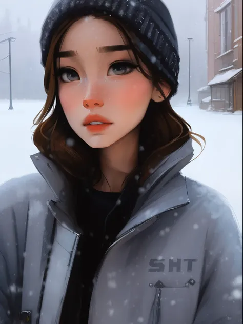 samdoesarts Charlie Bowater realistic Lithography sketch of a woman in the snow, [gears], pipes, dieselpunk, wearing a sweater and jeans, old texture, highly detailed