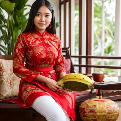 A 25 year old young Indonesian woman wearing a red kebaya, wearing a batik motif thigh-length blouse, holding a large banana.