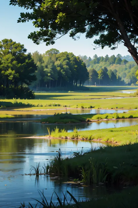 arafed view of a marshy area with a river and trees, marshes, twisted waterway, marsh, backwater bayou, incredibly beautiful, marsh vegetation, the emerald coast, by Thomas M. Baxa, by Thomas Crane, louisiana swamps, peaceful environment, bayou, swamp land...