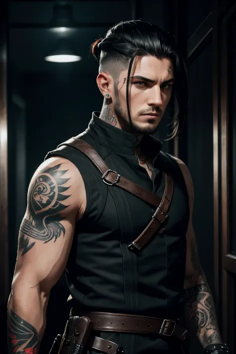 A murderous male assassin. Kurze schwarze Haare mit Undercut. Tattoos. Schwarze Lederkleidung. Grinsend. In einer schattenhaften Gasse.