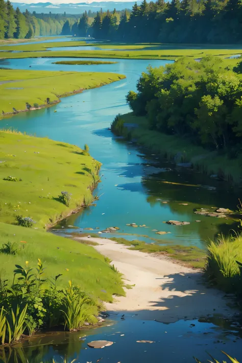 a view of a river with a few small green plants in it, marshes, twisted waterway, marsh, marsh vegetation, blue and green water, grass and water, green waters, shallow waters, rhode island, description, shallow water, inlets, puddles of turquoise water, by...