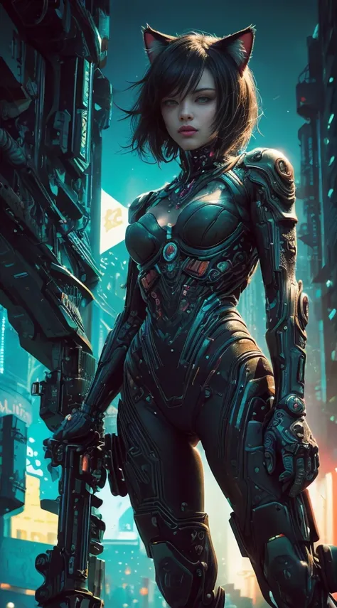 Beautiful photo of Reika Shimohira as a ((Cyberpunk Nekomata ((catgirl)))), ((shapeless hairstyle)), slender body, cat ears, cat tail), (full length shot), (dynamic pose), science fiction, ((futuristic cyberpunk city in the background)), Gantz, Cyberpunk 2...