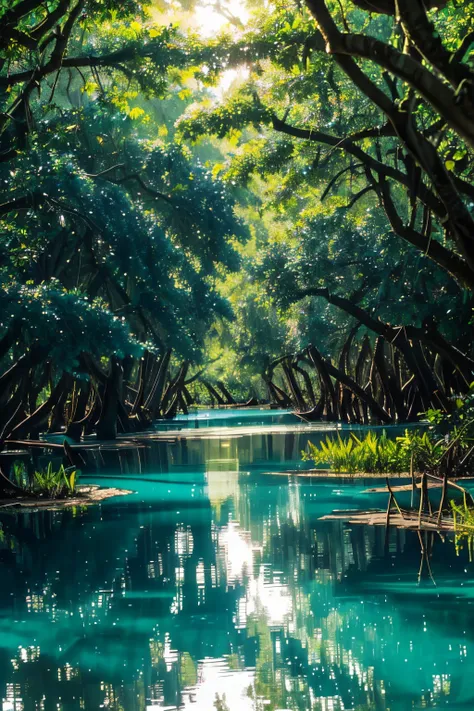 a view of a river with trees and water in the middle, mangrove trees, mangrove swamp, incredibly beautiful, stunning sight, very close to real nature, breath taking, beautiful! coherent!, green waters, puddles of turquoise water, turquoise water, absolutel...