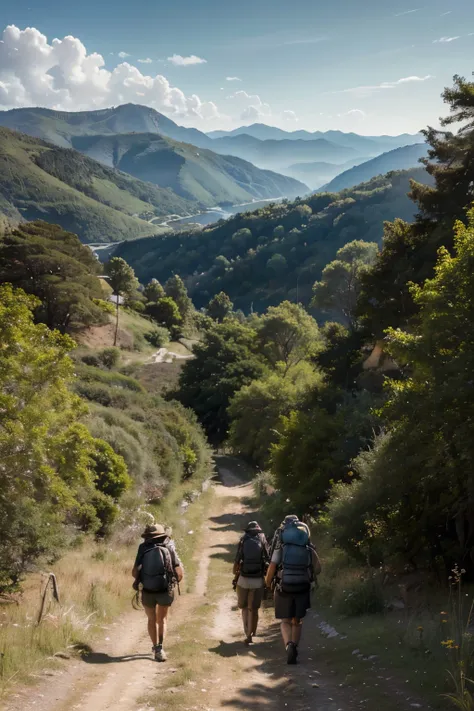 Generates a photorealistic image. ((In the foreground we see four backpackers with their backs turned walking in the distance towards the horizon: 1.8)). The image shows a serene and majestic scene within the forest of Galicia, with a characteristic landsc...