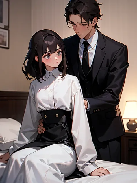 1 girl, 1 boy, (background on bed in bedroom), dark hair, sitting, man hugging woman, woman blushing, woman in trouble, man smiling, woman shy, woman is confused, girl in white shirt and black skirt, man in black suit and white shirt,cool guy, pretty girl,...