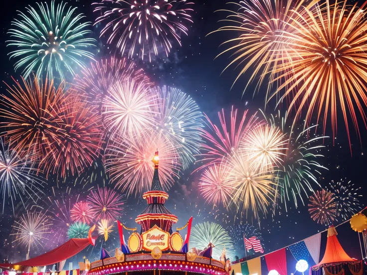 Imagine a lively carnival where rides and attractions are adorned with 4th of July themes, and fractal fireworks burst overhead, creating a dynamic atmosphere of celebration. enormous tits