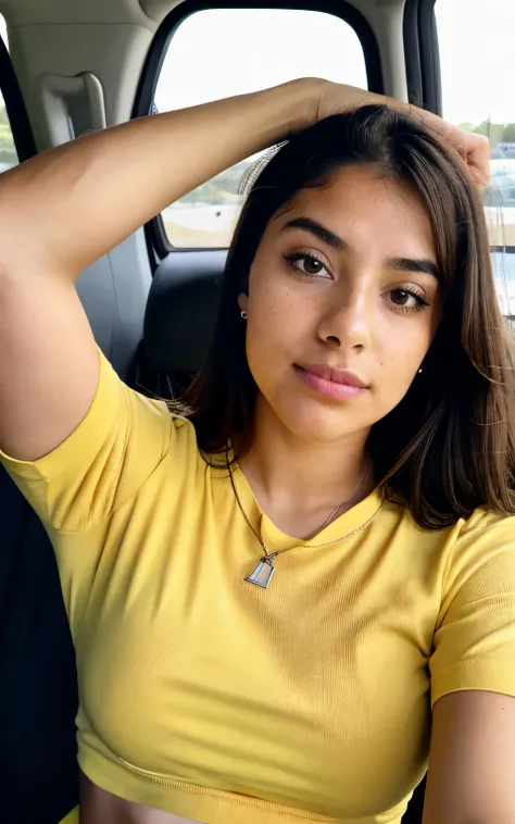 photorealistic, sharp focus, raw photo,  photo, beautiful 20 y.o latina-spanish girl,  selfie, yellow tshirt, detailed skin poreace texture, pores, (goosebumbs:0.7), dynamic pose, looking at camera, face focus, taken with iphone 14 camera,selfie in car toy...