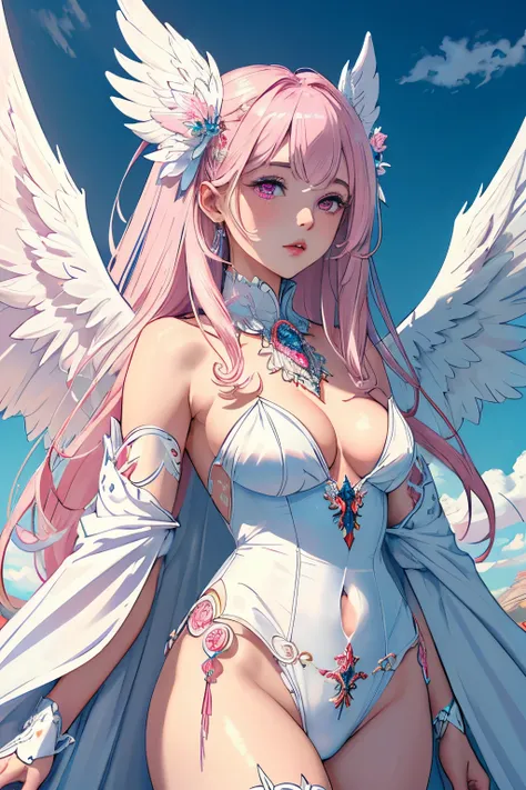 ((RAW photo)), ((Masterpiece)), anthropomorphic humanoid AngelGirl in a white noble robe, intricate detials, futobot, intricate figures of Gribbles, The sky is behind, Pink, Beautiful wings, Detailed eyes and lips