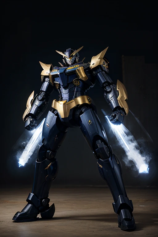 a super mecha, black-gold with navy blue and royal blue hue around him