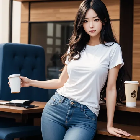 Anime woman wearing a plain T-shirt in blue jeans and heels with long wavy hair holding a coffee cup