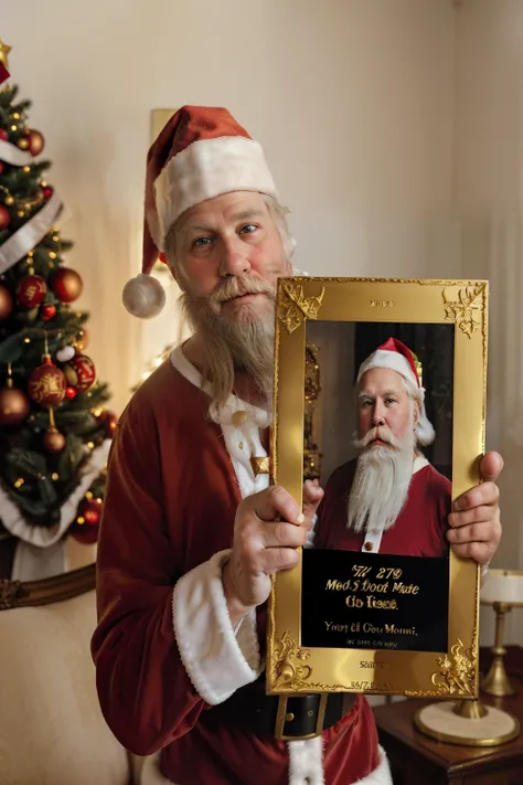 Santa Clause holding a vintage golden photo frame, while looking at the camera.