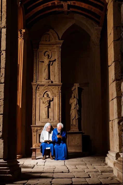 Um homem velho, de longos cabelos brancos, vestido de roupas velhas e rotas, crying while reading an old Bible, in an ancient sanctuary with an ancient crucifix hanging behind the ancient altar, where it is written: μ ων απεθανεν