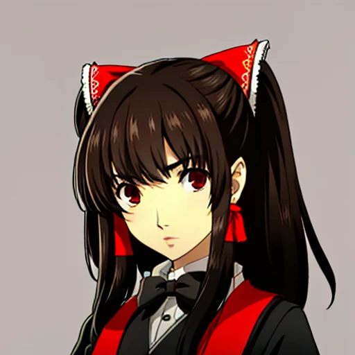 masterpiece, best quality,Hakurei Reimu, miko dress, black.eyes, brown hair,  background, portrait,big bow tie