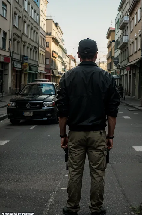 Airsoft player in the style of Grand Theft Auto from Hungary, looking like a gangsta from Hungary, standing behind a car in Hungary city, let the background be like Hungary