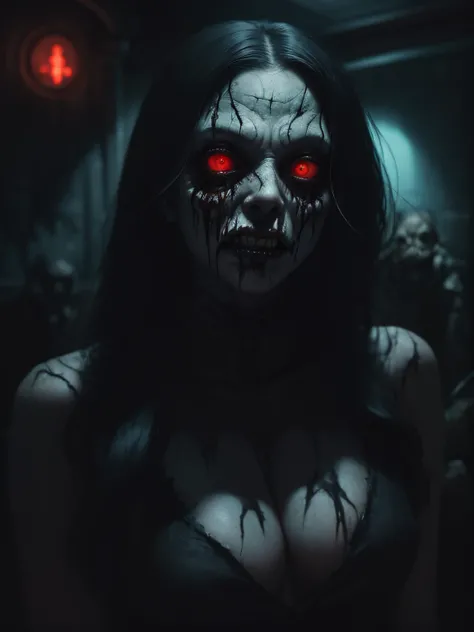 a terrifying mental image of a female figure of pure evil, immersed in a hideous, hellish environment, appearance with grotesque features and sinister deformities that evoke instant horror, glowing eyes, contorted skin, dark attire that exude an evil aura,...