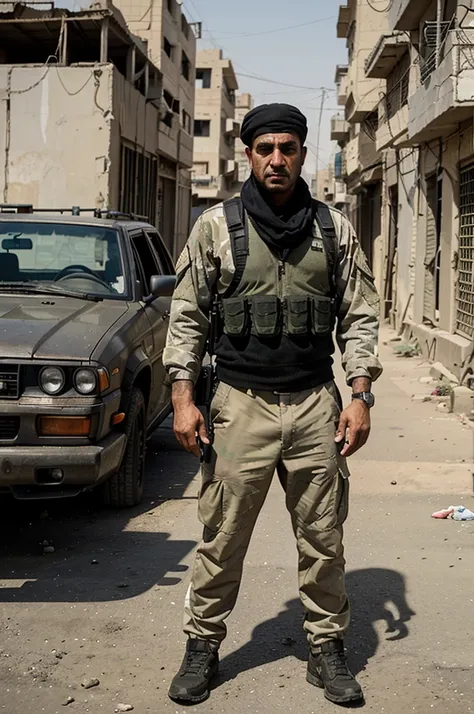 Airsoft player in the style of Grand Theft Auto from Iraq, looking like a gangsta from Iraq, standing behind a car in Iraq city, let the background be like Iraq