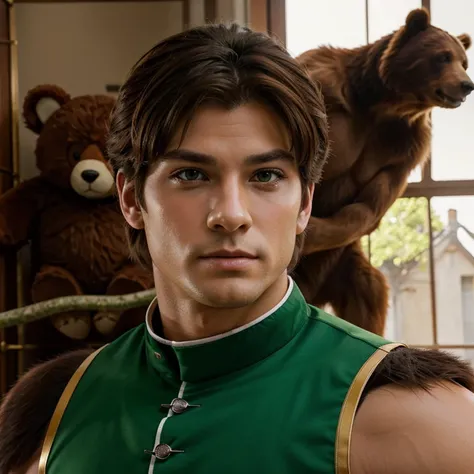 An historical anime prince with short brown hair, bright green eyes. He is muscular, with a bear like apperance but human.