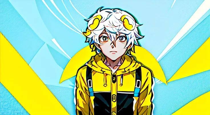 anime character with white hair and wearing a yellow jacket, inspired by Puru, 2 d anime style, wataru kajika, pikachu as a human, as an anime character, official art, anime style character, in an anime style, varguyart style, young anime man, official cha...