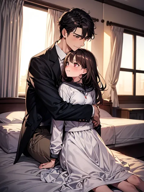 1 girl, 1 boy, (background on bed in bedroom), dark hair, hetero, sitting, man hugging woman, hug from behind, girl blushing, girl in trouble, man evil smiling, girl embarrassed, gairl flustered, (girl sweat), girl in serafuku, man in black suit and white ...