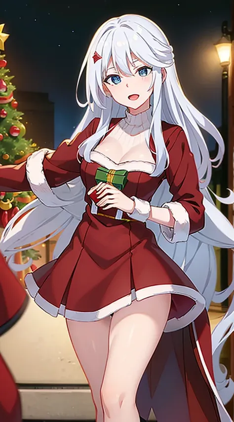 masterpiece, best quality, 1 solo girl, white hair, blue eyes, long hair, wavy hair, christmas ornaments, medium breasts, mature...