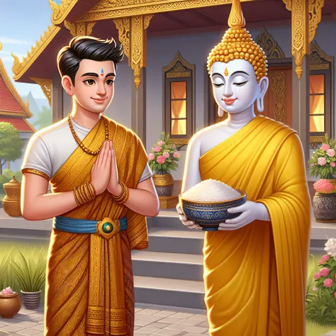 there are two men in yellow robes holding bowls of food, temple background, buddhism, thailand art, buddhist temple, vietnamese ...