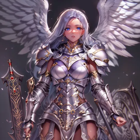 (masterpiece), (best quality), (ultra-detailed), female angelic warrior, silver armor, armored, full body, beautiful, fierce, ho...